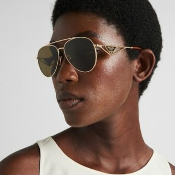 Prada PR73ZS 5AK01T Sunglasses Shiny Gold Dark Brown Pilot Unisex PR 73ZS - Picture 1 of 9